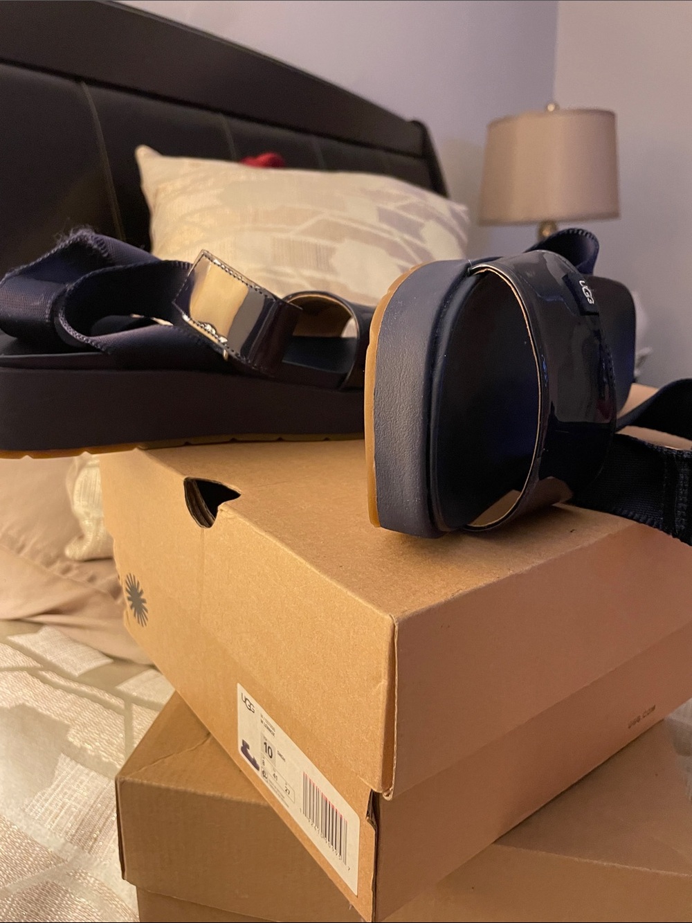 UGG Navy Patent Slide Sandals with Tan Sole